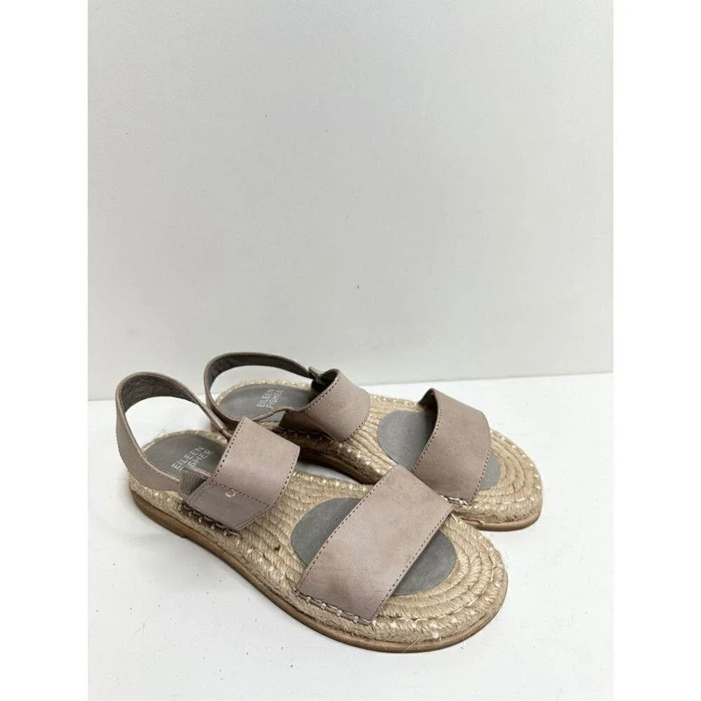 Eileen Fisher Taupe Leather Espadrille Flat‎ Sandals Size 6 Open Toe